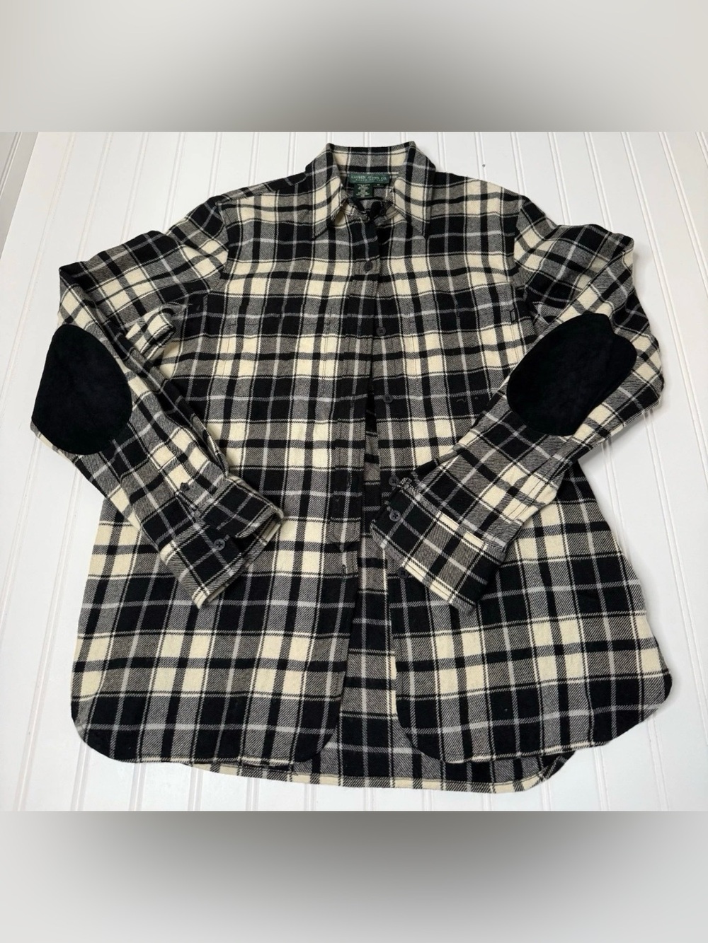 Ralph Lauren Jeans Co Women Plaid Wool Shirt Medium Black Ivory Elbow Patch 1746